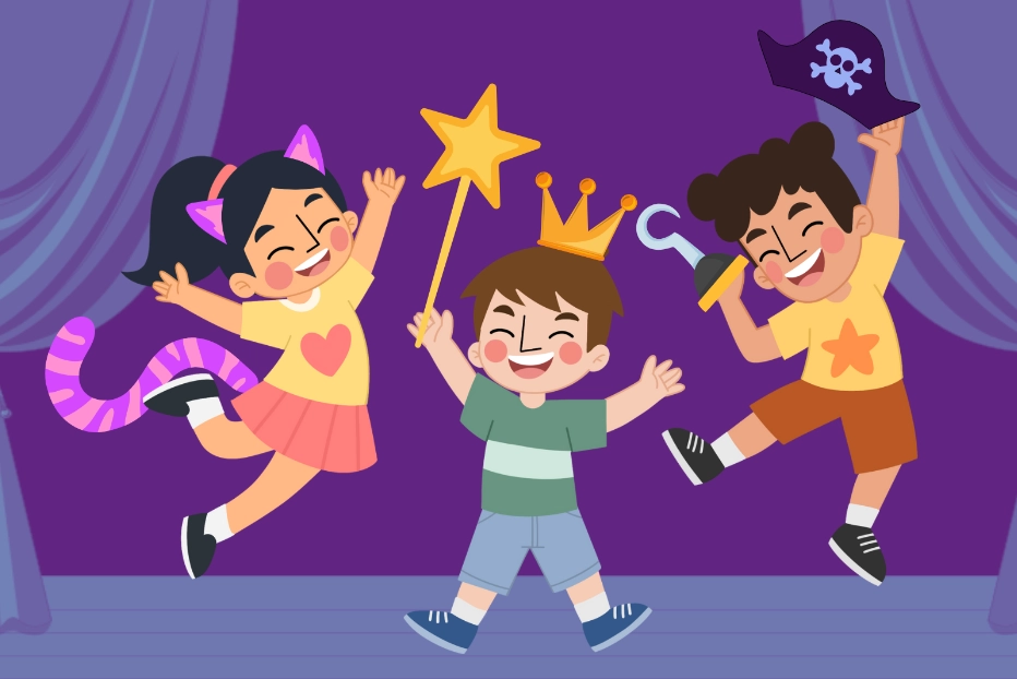 Three children dressed in costumes leap joyfully on a stage. One is a cat, one is a king, and one is a pirate.