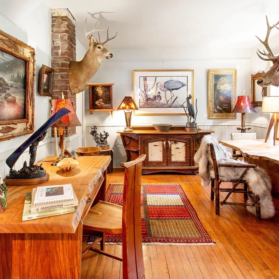 The inside of a rustic furniture store in Lake Placid.