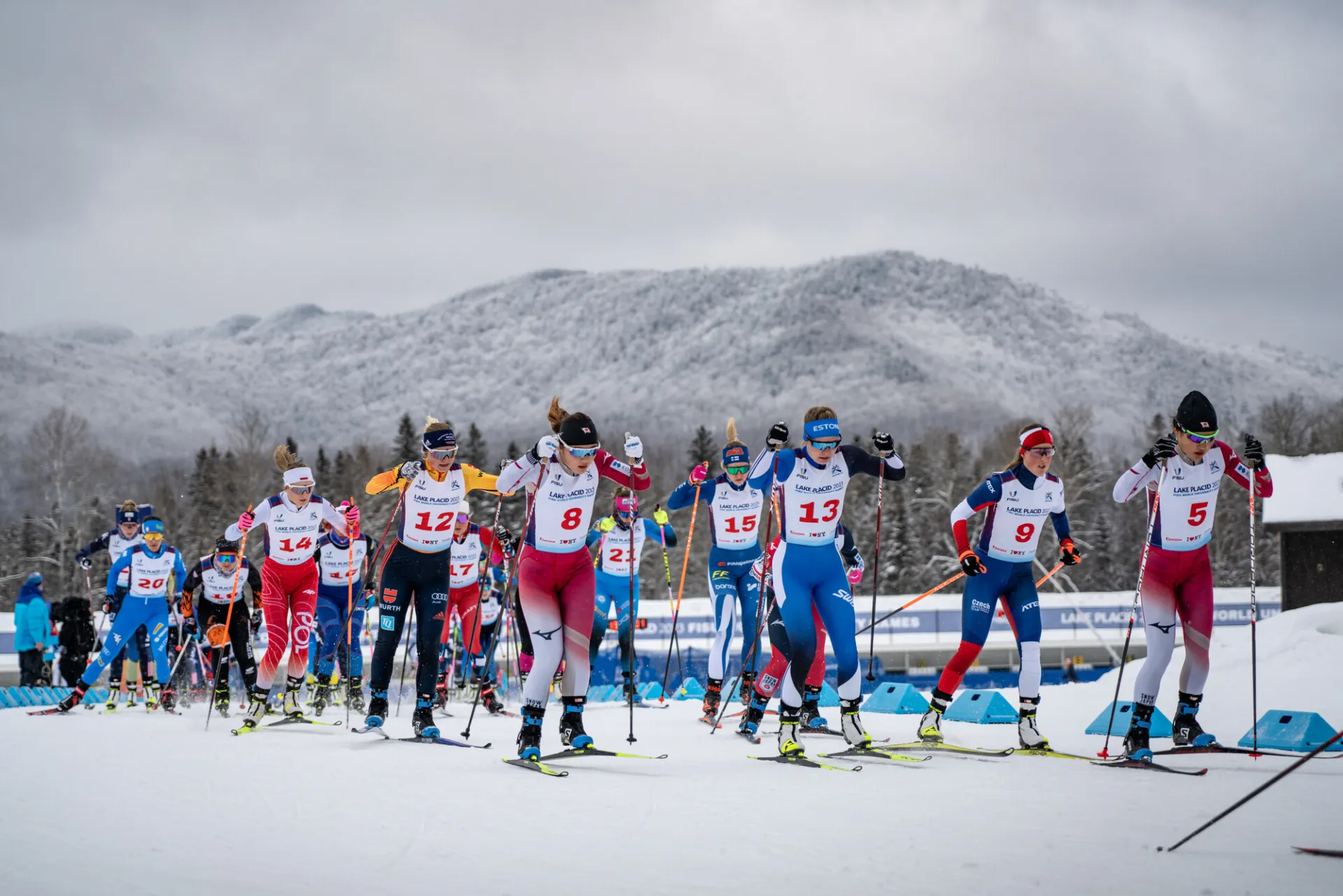A group of competitive cross-country skiers race across a snowy course against a backdrop of frost-covered mountains.
