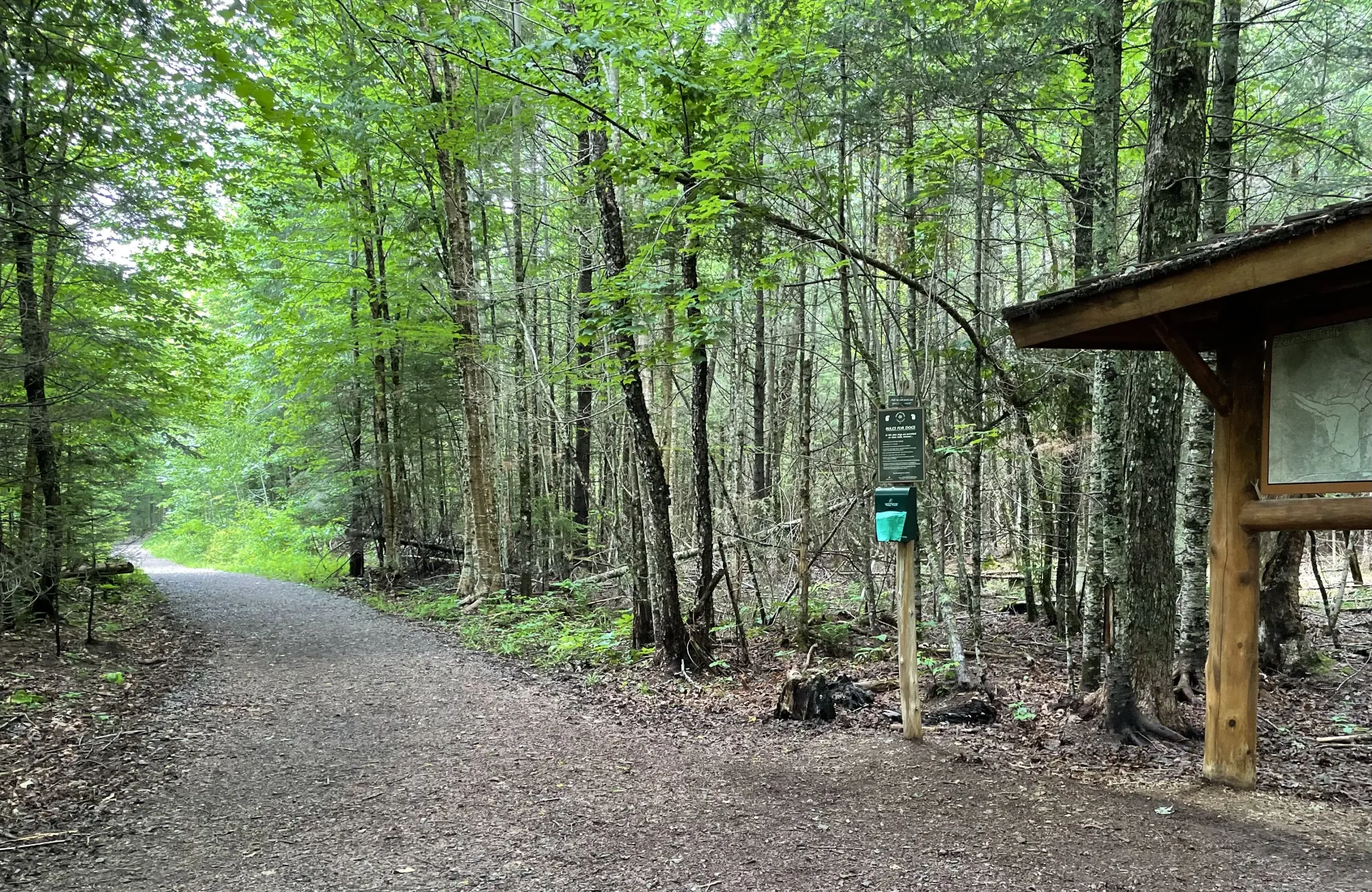 A gravel trail winds through a forest, leading to a wooded area.  A trailhead sign and a dog waste bag dispenser are visible to the right.
