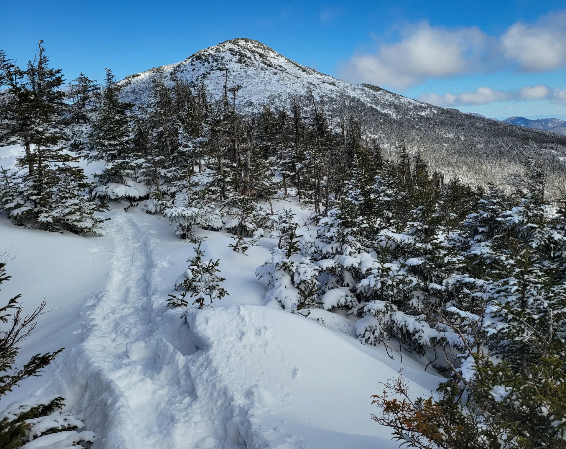 A snowshoe track leads to a summit with a view
