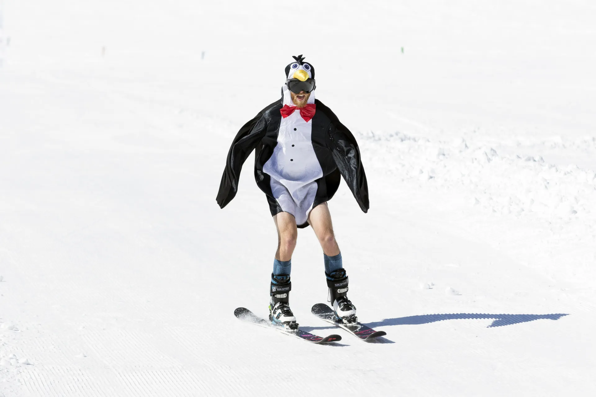 A skier flies down the mountain wearing a penguin costume