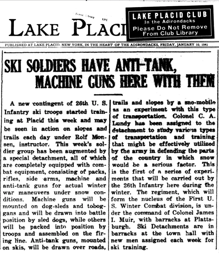 Lake Placid News article clipping titled "Ski Soldiers Have Anti-Tank, Machine Guns Here With Them"