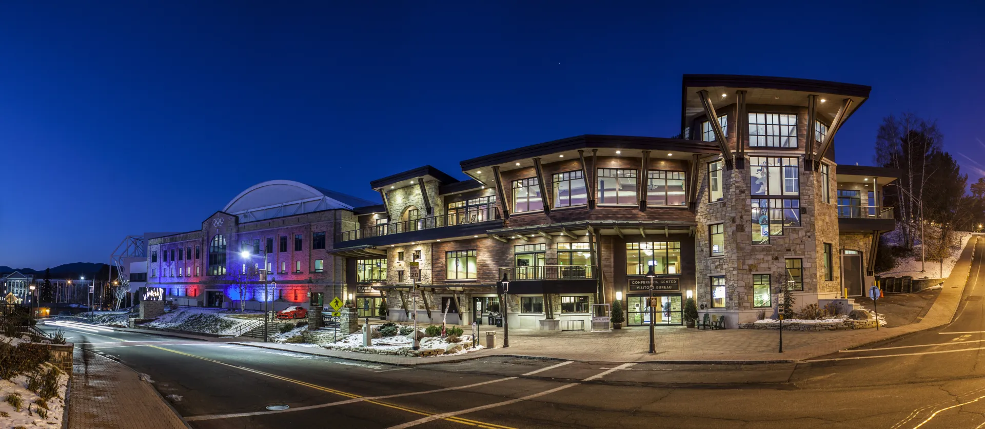 A conference center at night. 