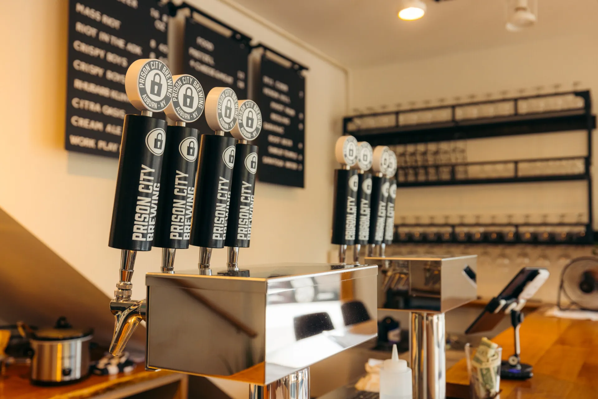 A variety of beer taps at a local Lake Placid brewery