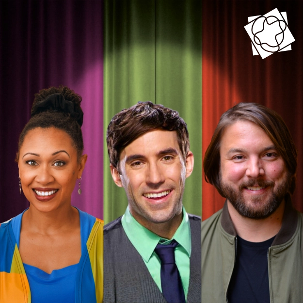 Three comedian headshots in vertical stripes in front of multi-colored theater curtains