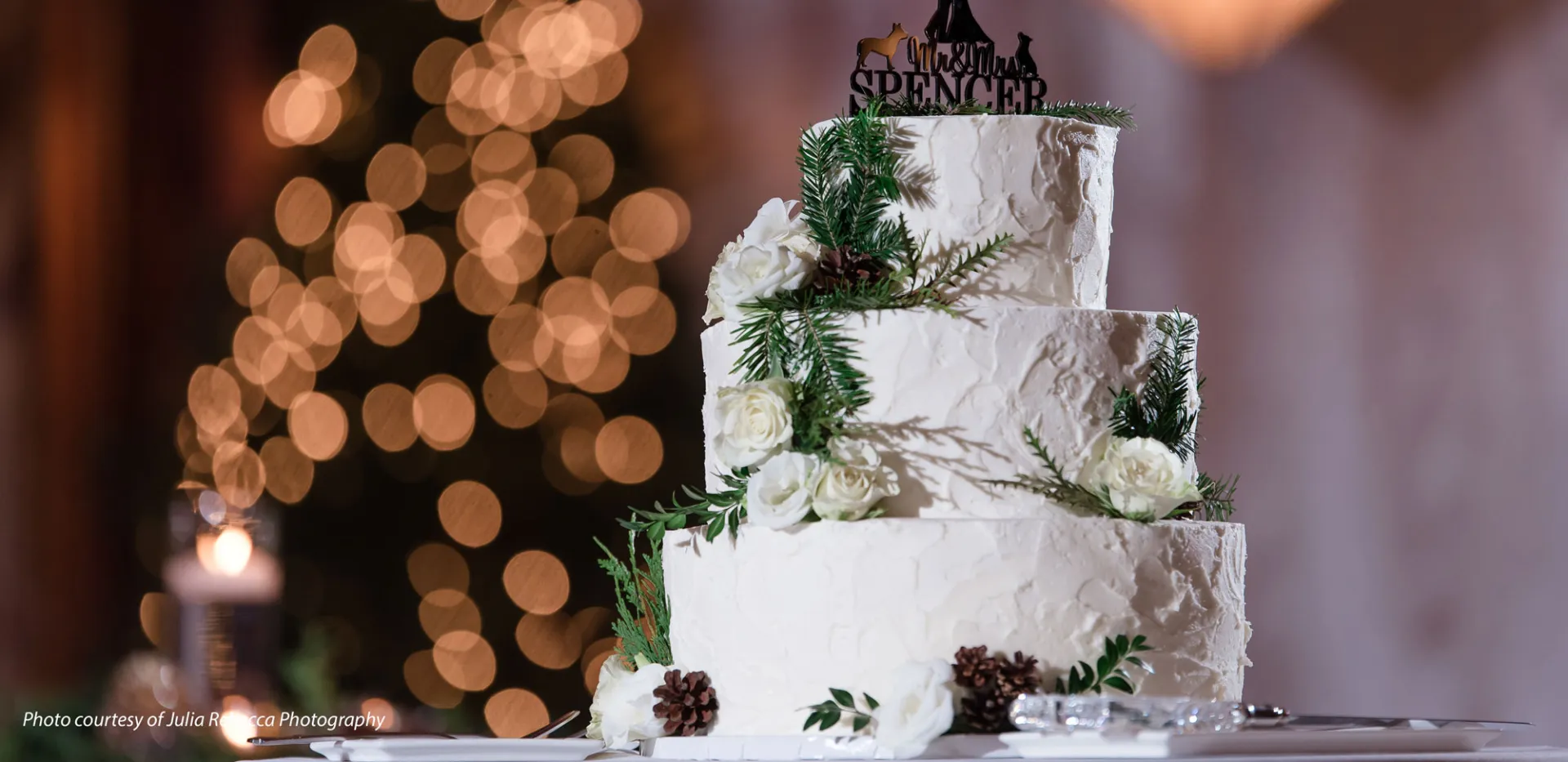 A forest-themed wedding cake. 