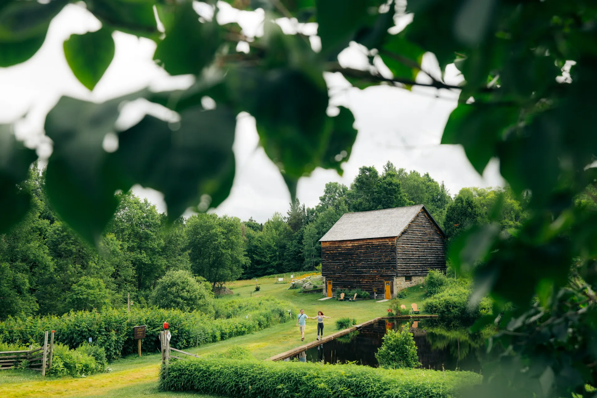 A couple walking through John Brown Farm in Lake Placid.