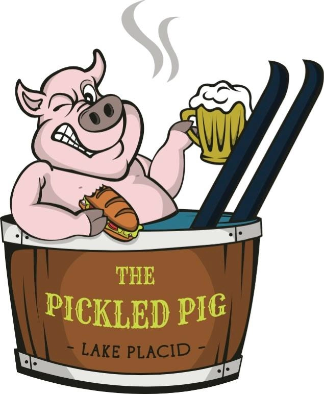 An illustration of a pig winking while holding a beer and smoking a cigarette while wearing skis in a barrel.
