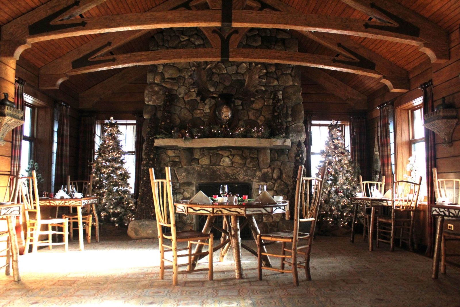A moose bust oversees one of the most delightful dining rooms in the region.