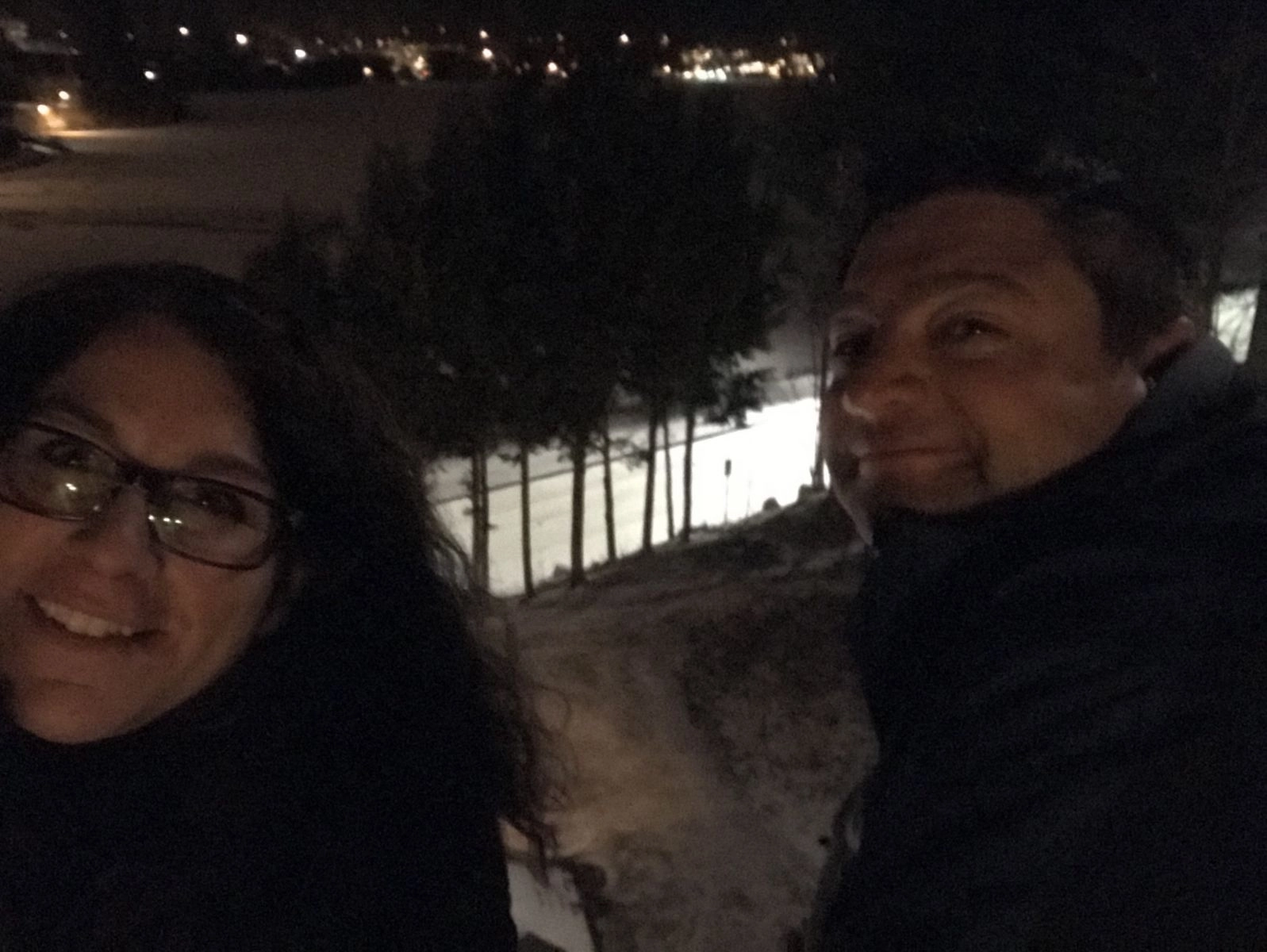 Obligatory photo op: balcony, ADK chairs, snow gently falling, lake in the background. If only I could master the night selfie!