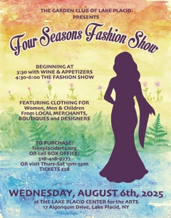 Four Seasons Fashion Show poster with rainbow gradient background with trees and silhouette of woman in evening gown along with event details