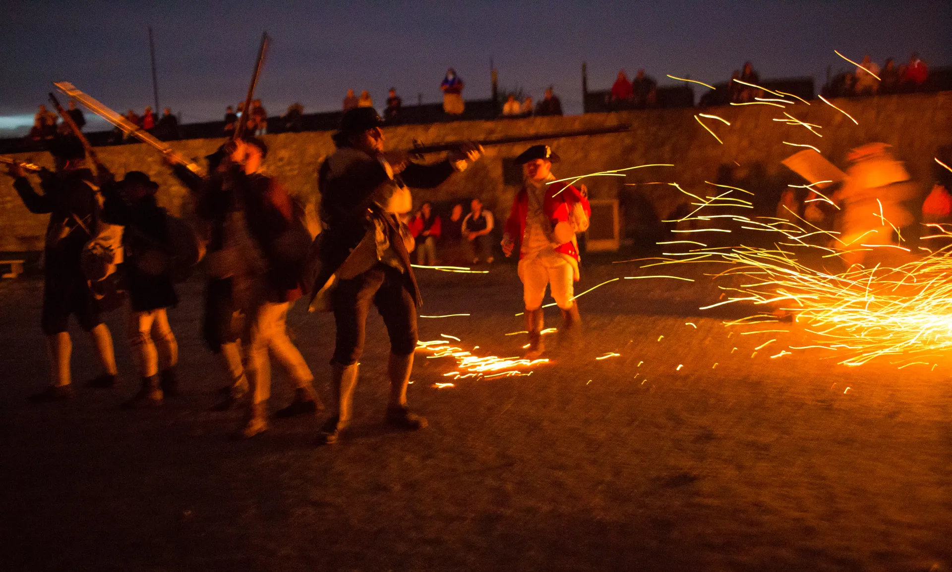 Revolutionary war reenactment at dusk