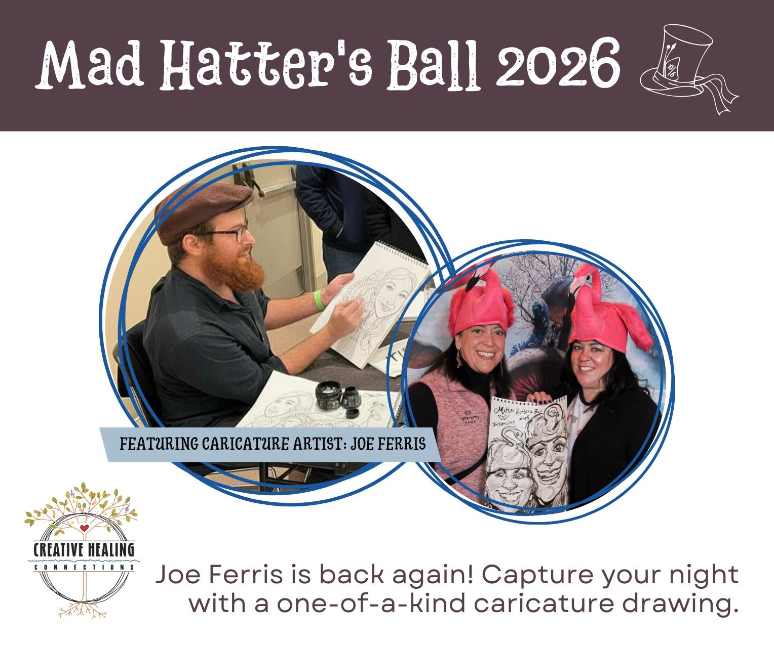 Graphic featuring image of caricature artist and a second image of two women in flamingo hats holding a caricature drawing
