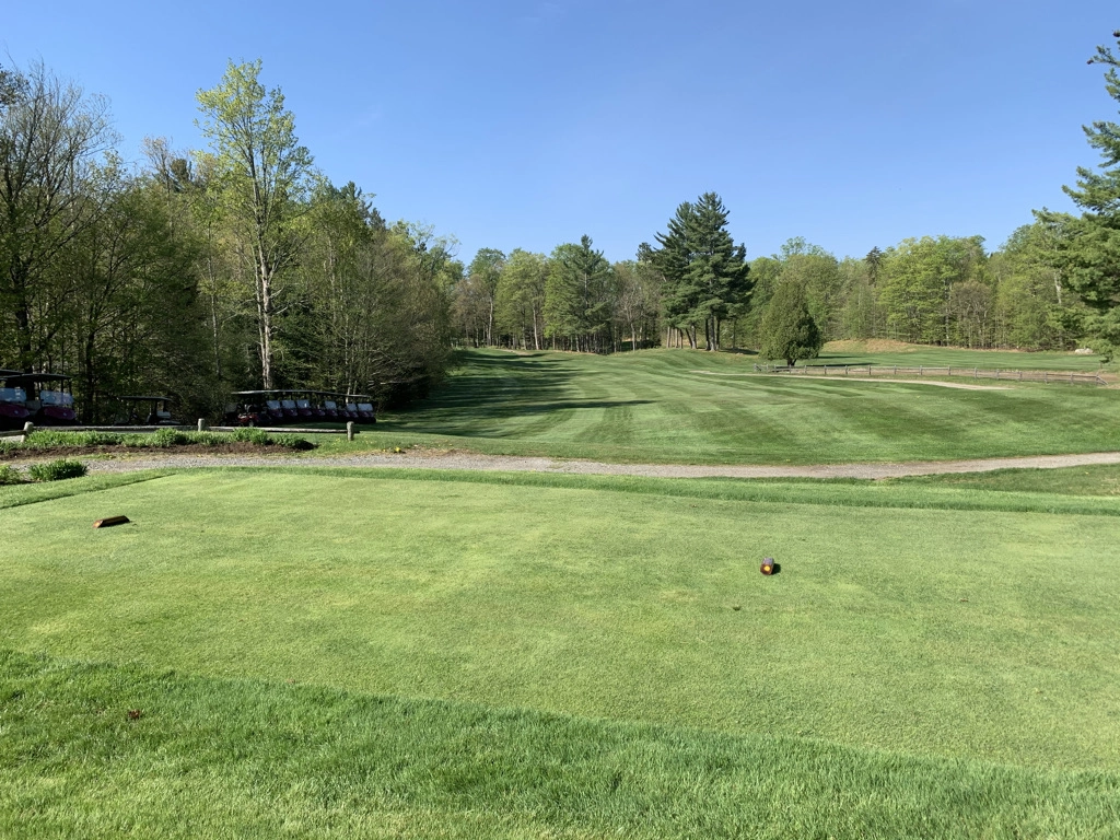 The #1 tee and fairway at Whiteface Resort in the sunshine, with trees all around.
