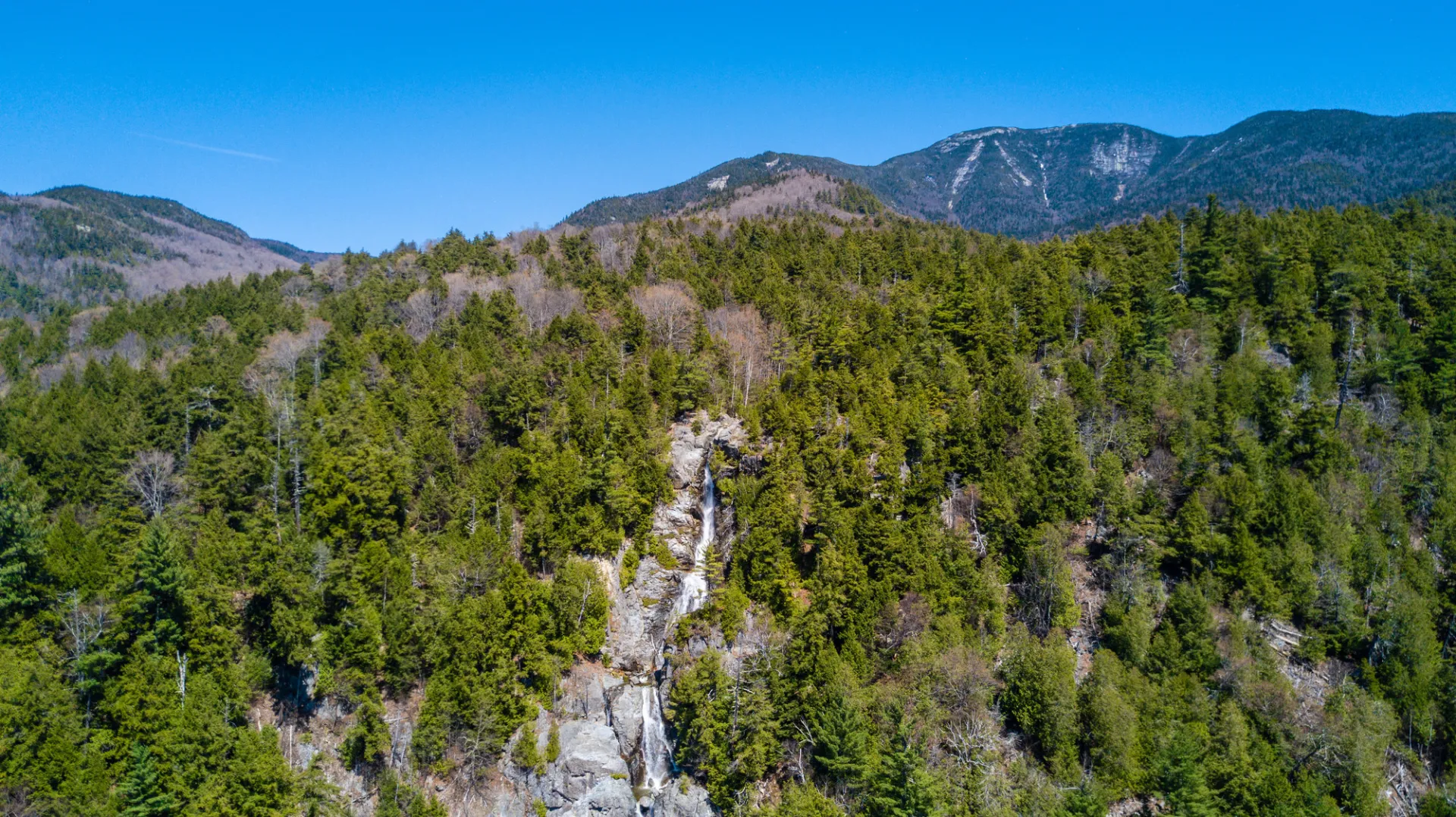 A waterfall during spring seen from the air
