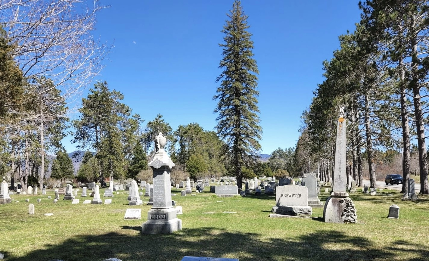 A cemetery with various headstones, green grass, pine trees, and a blue sky