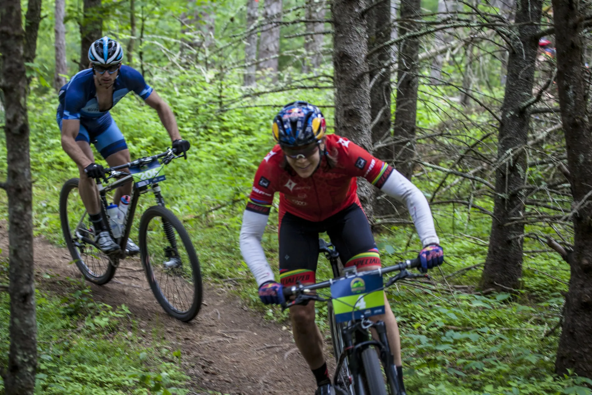 Mountain Bikers racing on forest trail