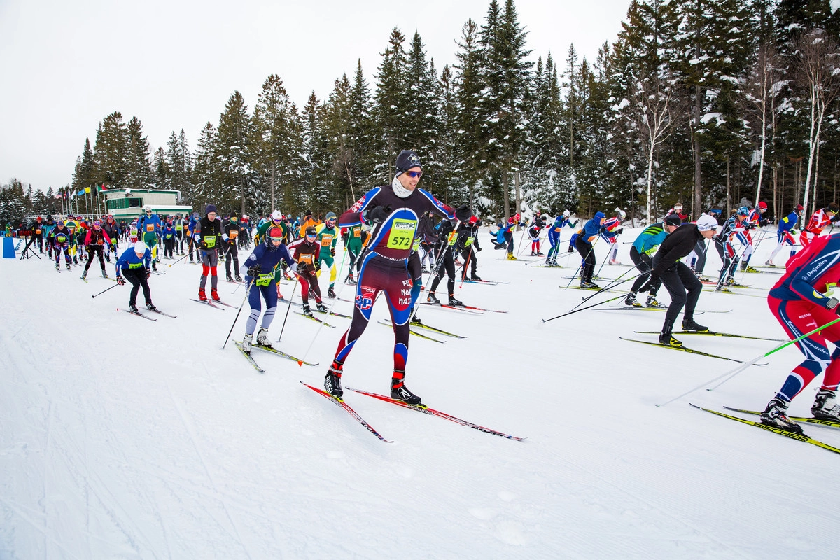 Large group of nordic skiers in race gear begin a race, each wearing a yellow race bib. They are on a wide, snowy path with pine forest in the background