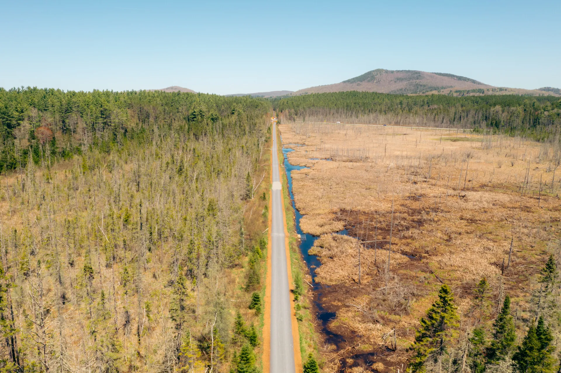 Aerial view of the Adirondack Rail Trail in the spring.