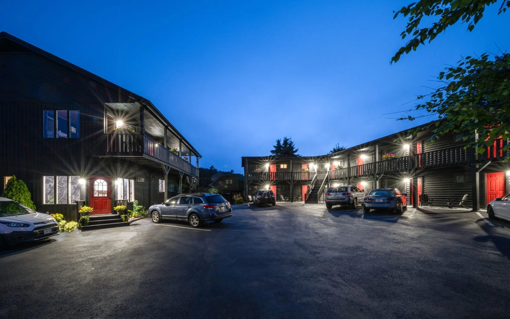 The well illuminated parking area at Placid Bay Hotel.
