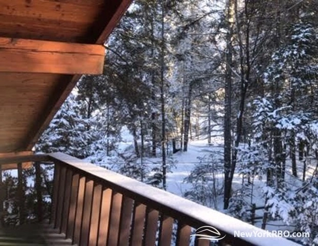 A winter scene of the view of the treed property blanketed in snow.