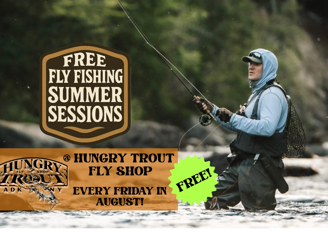 Man standing in river fly fishing with text about free fly fishing event series overlaid