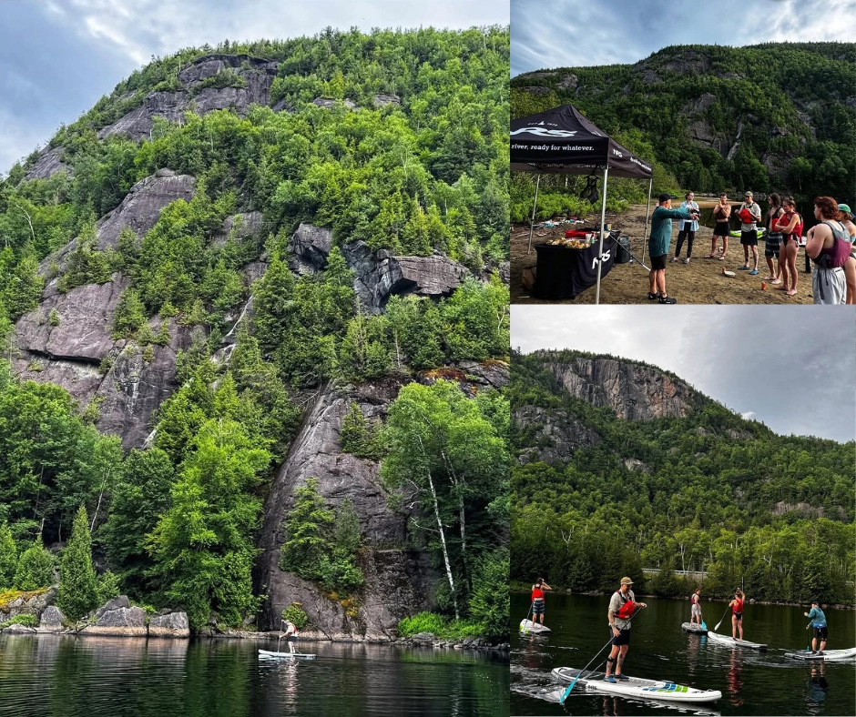 A collage of photos showing a group of people paddleboarding on a lake.