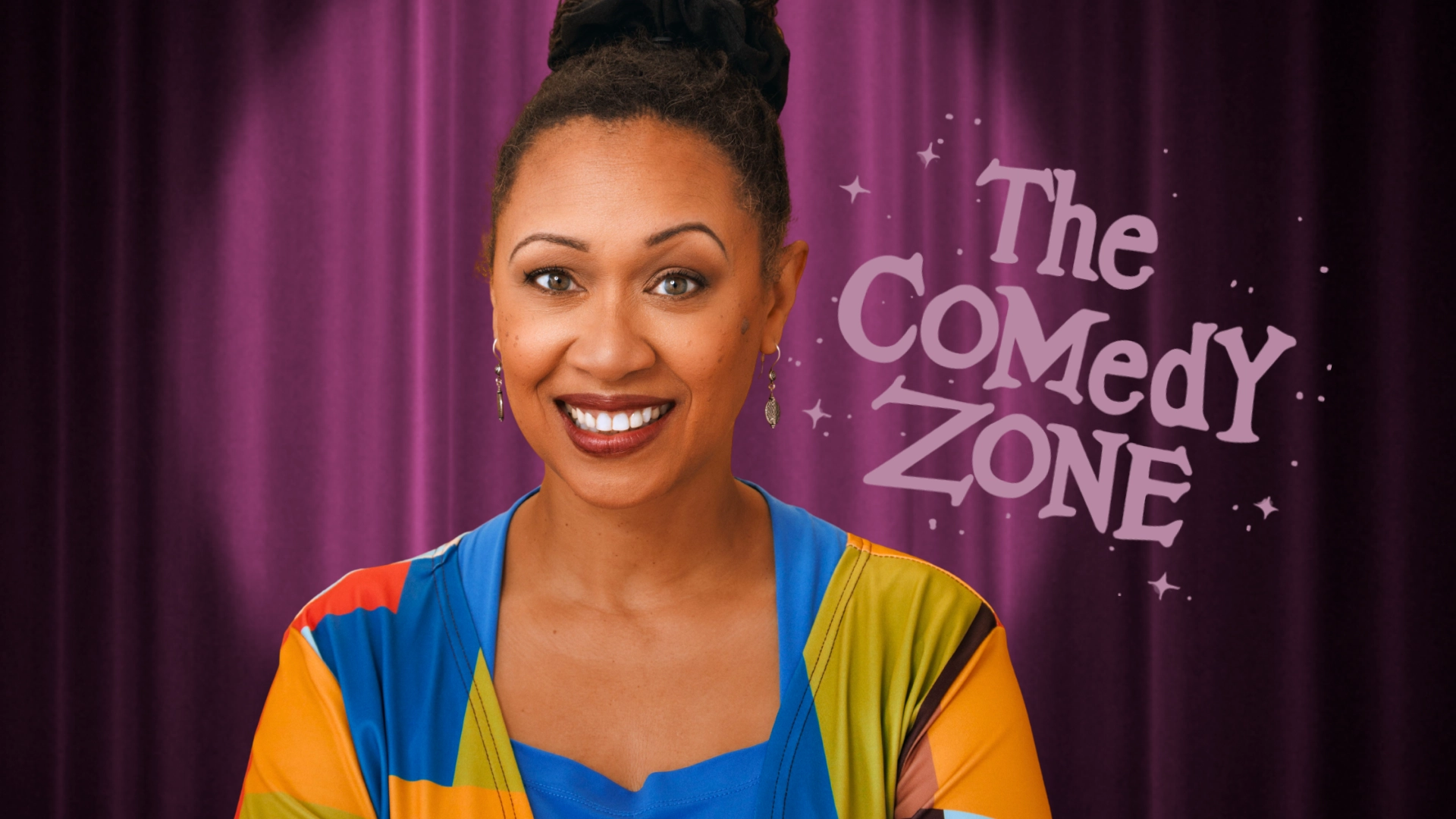 Image of comedienne superimposed in front of purple theater curtain with "The Comedy Zone" next to her head in lavender text