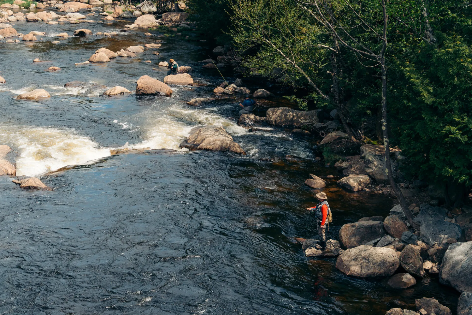 People fishing on the side of a river.
