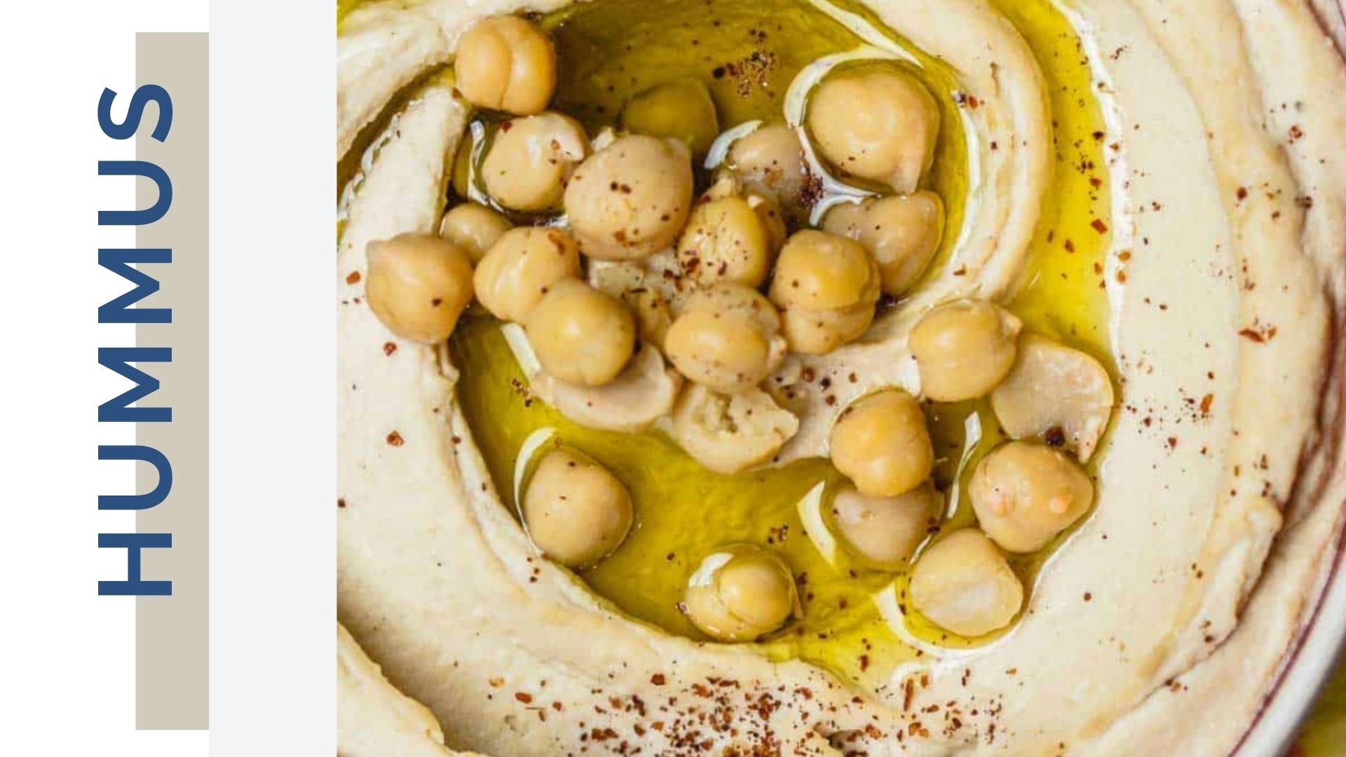Smooth blended hummus topped with olive oil, chick peaks and sprinkled with spices.