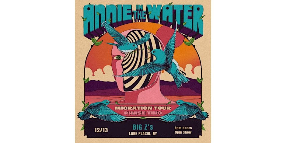 Poster for Annie in the Water's Migration Tour Phase Two at Big Z's in Lake Placid, NY on December 13th.  The poster features stylized artwork of a face, birds, and a sunset.