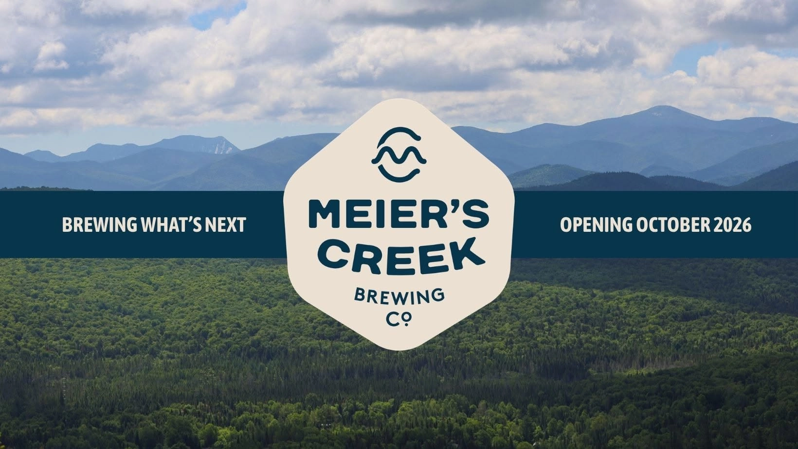 Scenic mountain landscape overlaid with Meier's Creek Brewing Co logo and info on Lake Placid Taproom opening