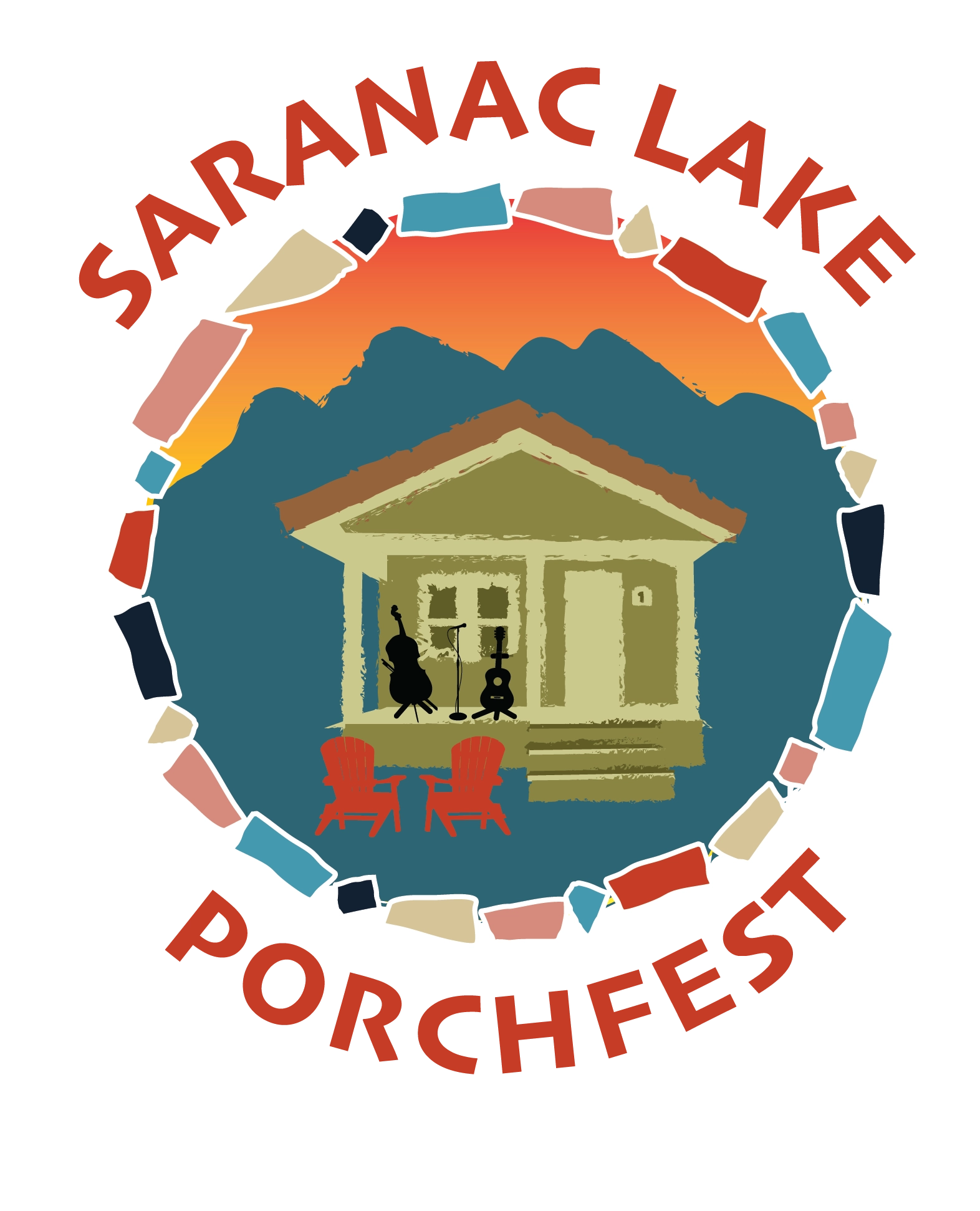 Saranae Lake Porchfest logo:  A house with musical instruments on the porch, surrounded by a mosaic-like circle.