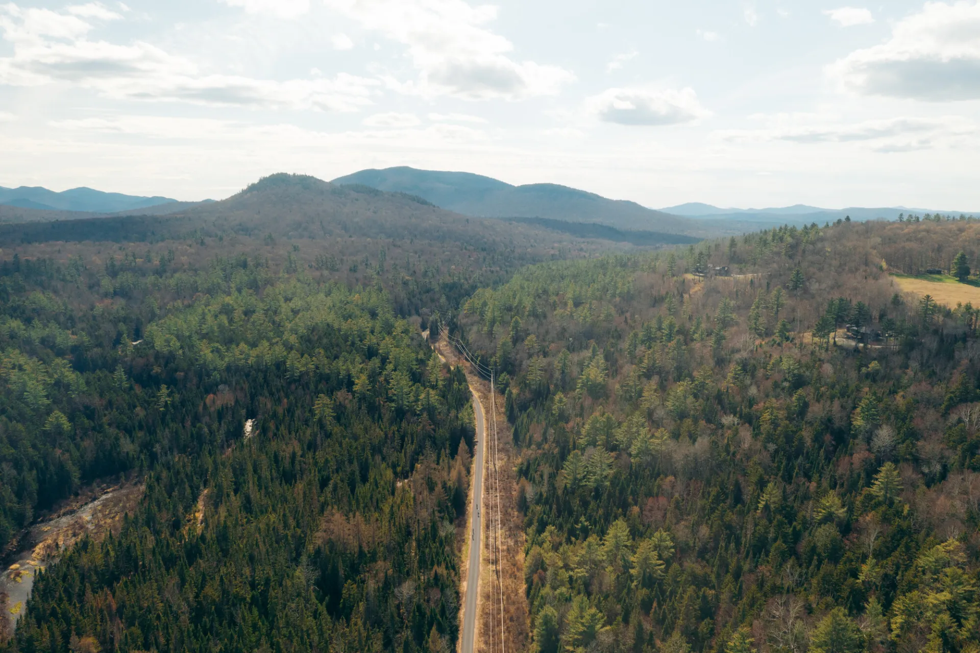 An aerial view of the Adirondack Rail Trail in the spring.