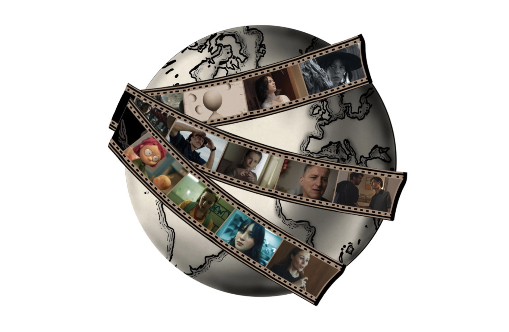 Graphic of the globe with three strips of film wrapped around it showing clips from short films in each frame