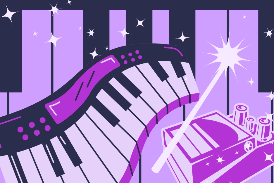 A purple keyboard with a guitar pedal and a magic wand, all set against a background of piano keys and sparkles.