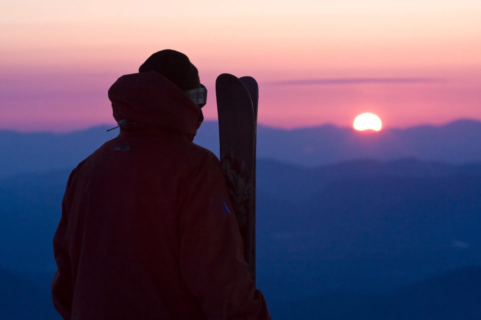 Skiing at sunset.