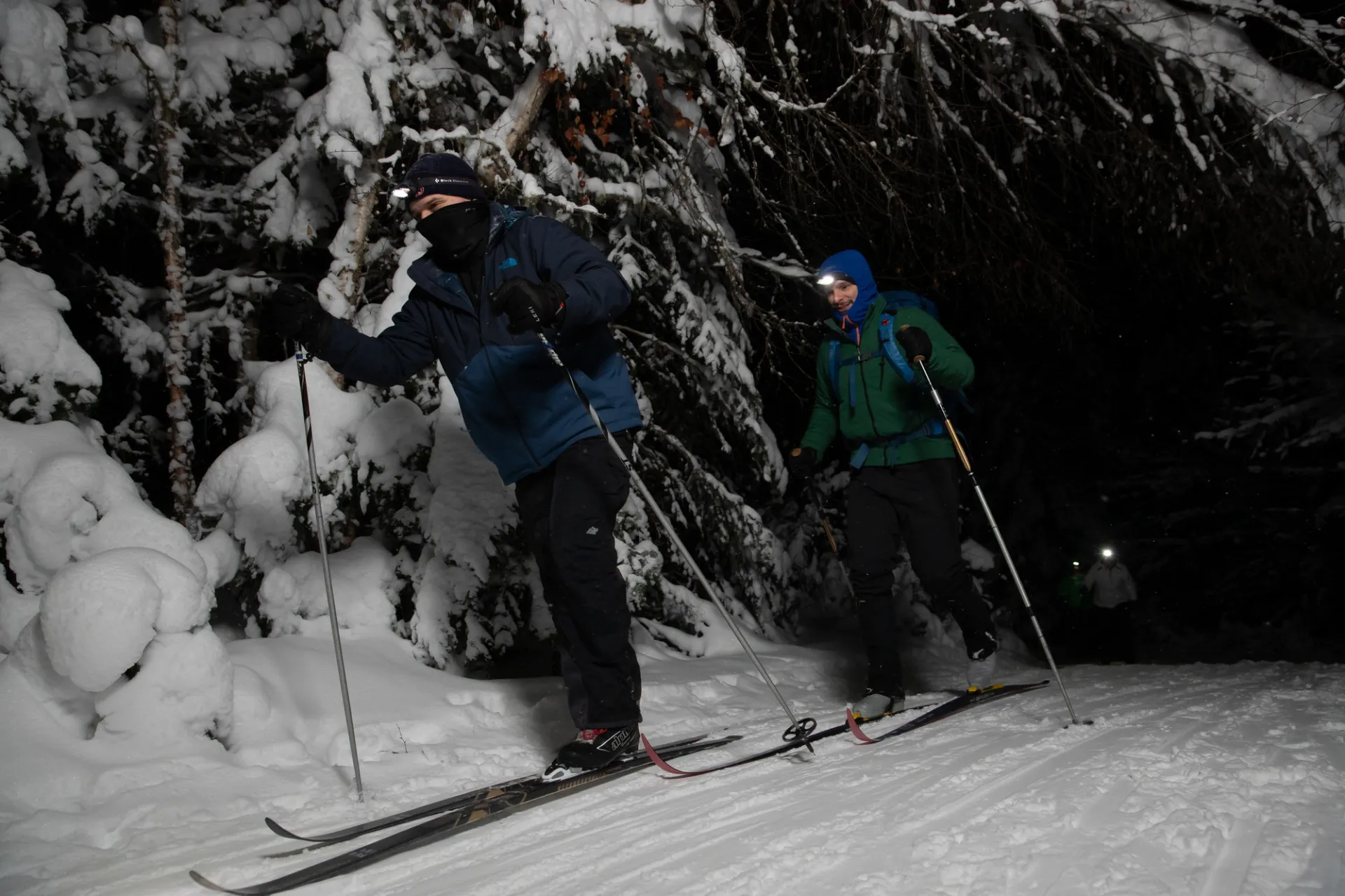 Cross-country skiing at night.