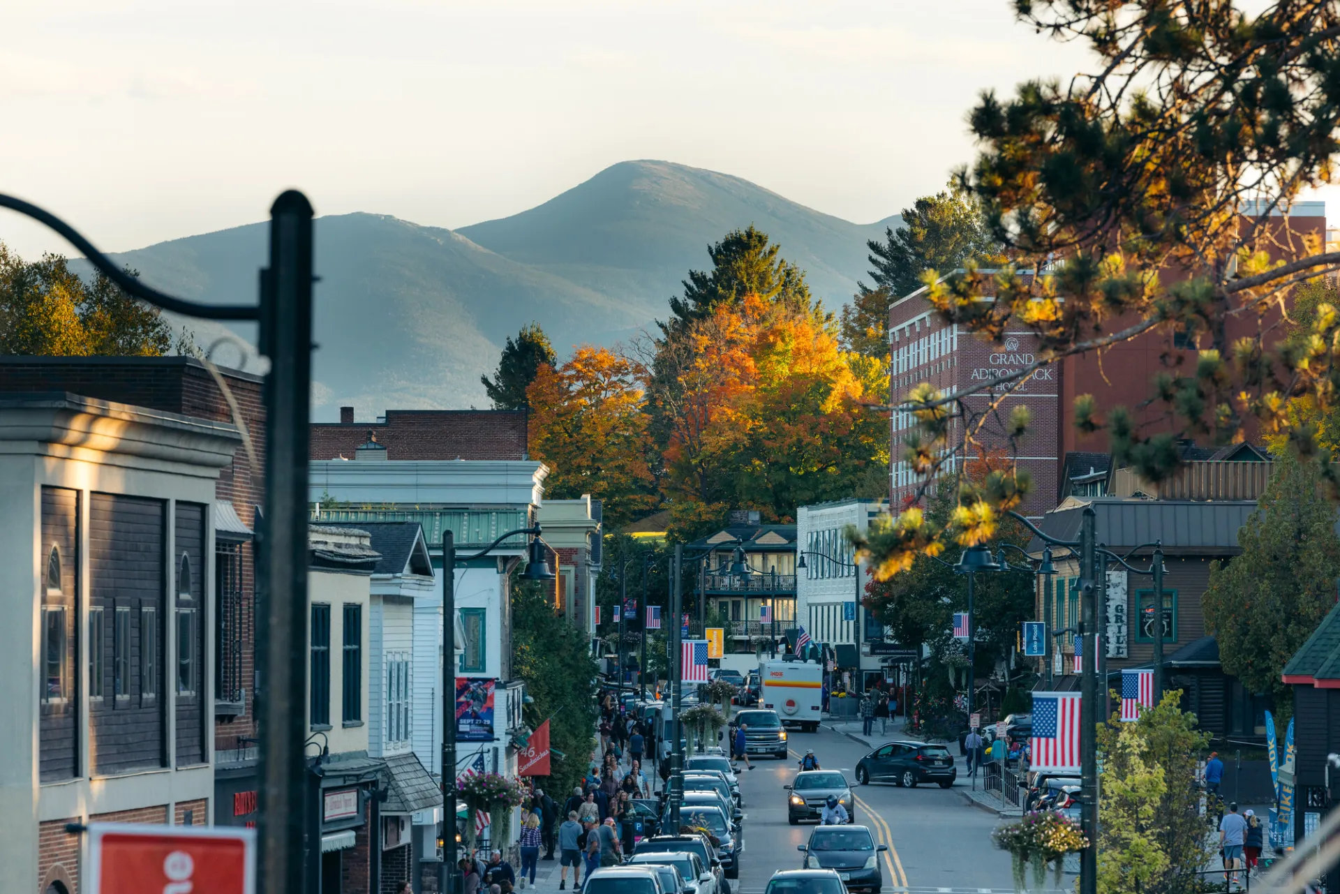 A downtown of a small mountain town in fall.