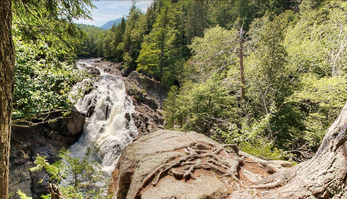 View of a narrow gorge between 2 forested areas