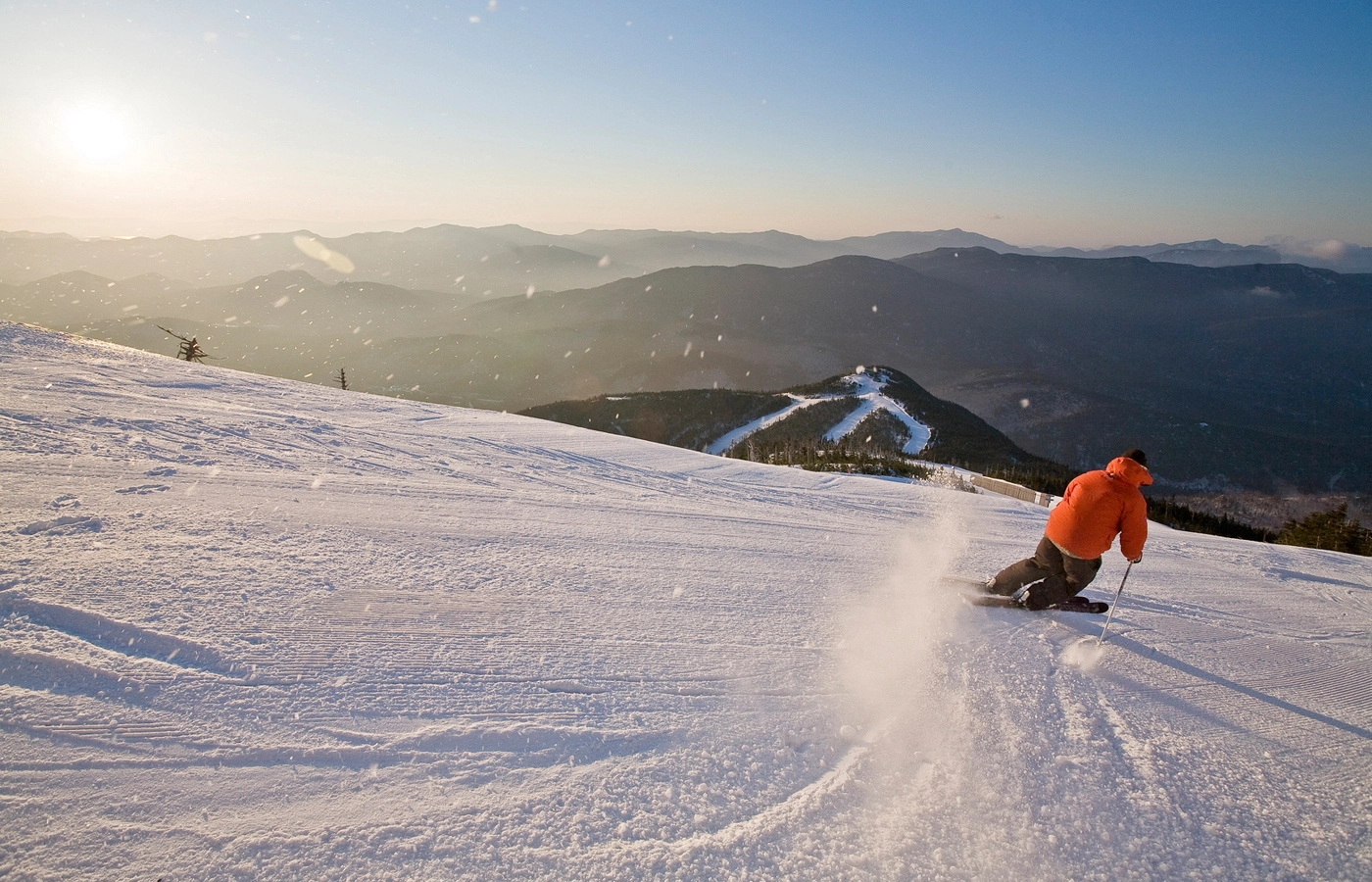 A person skiing down skyward at Whiteface Mountain.