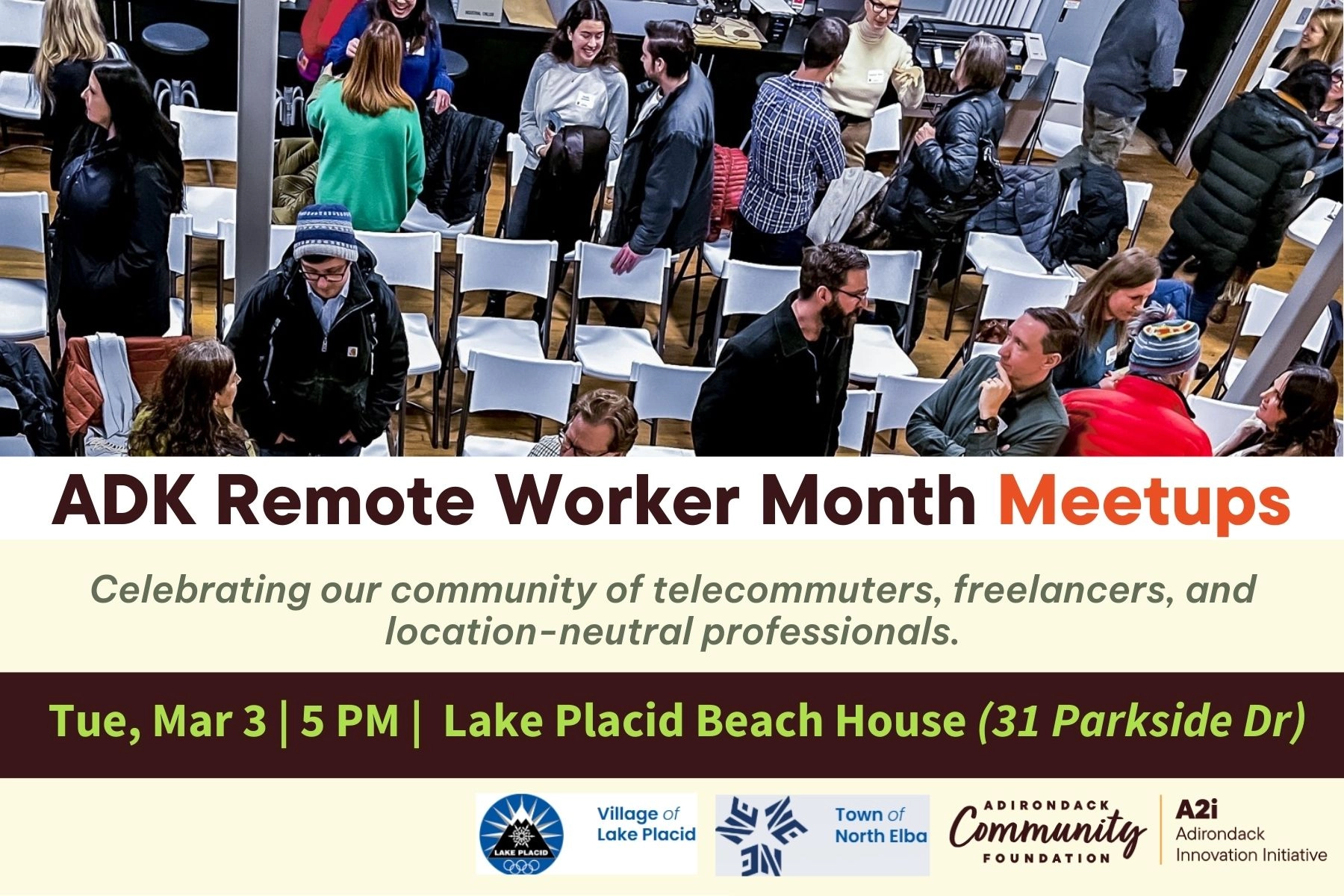 Image of people mingling in a room with chairs and details for remote worker meet up event on tan and brown background