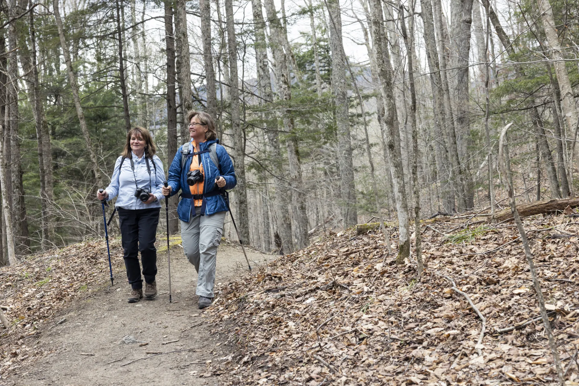Two woman hike a flat trail in the woods