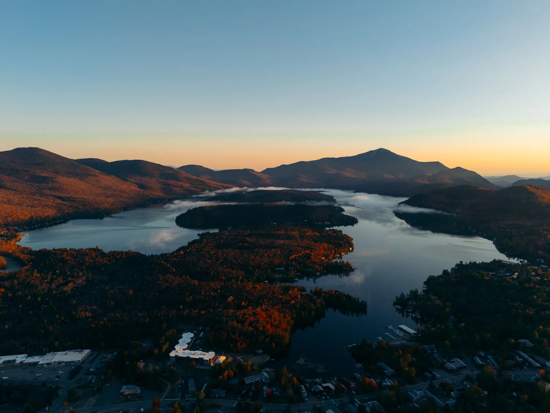 A mountain range in fall at dawn.