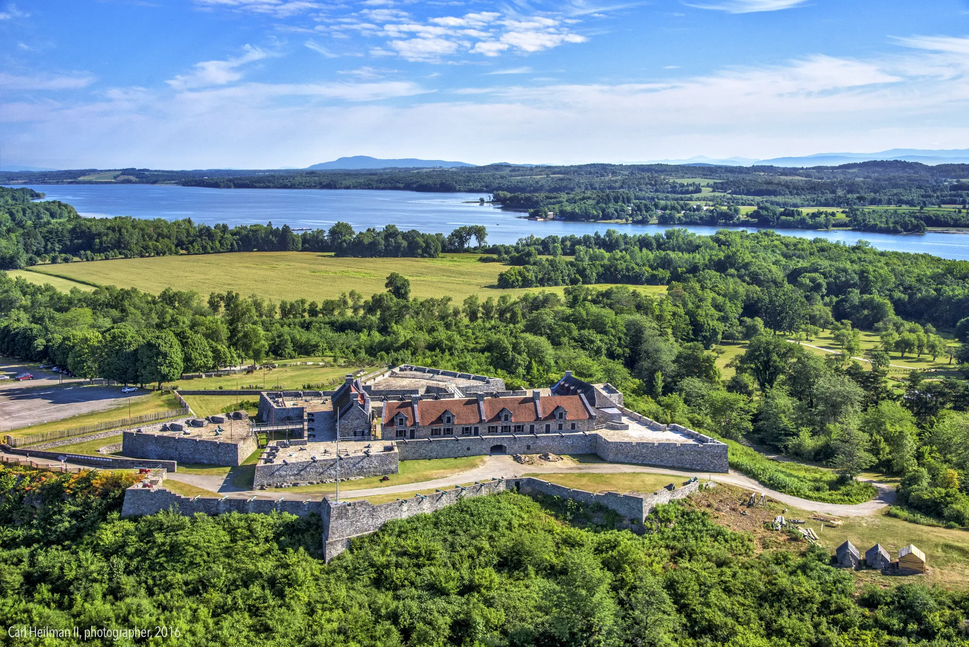 An aerial view of Fort Ticonderoga with the waters of Lake Champlain behind