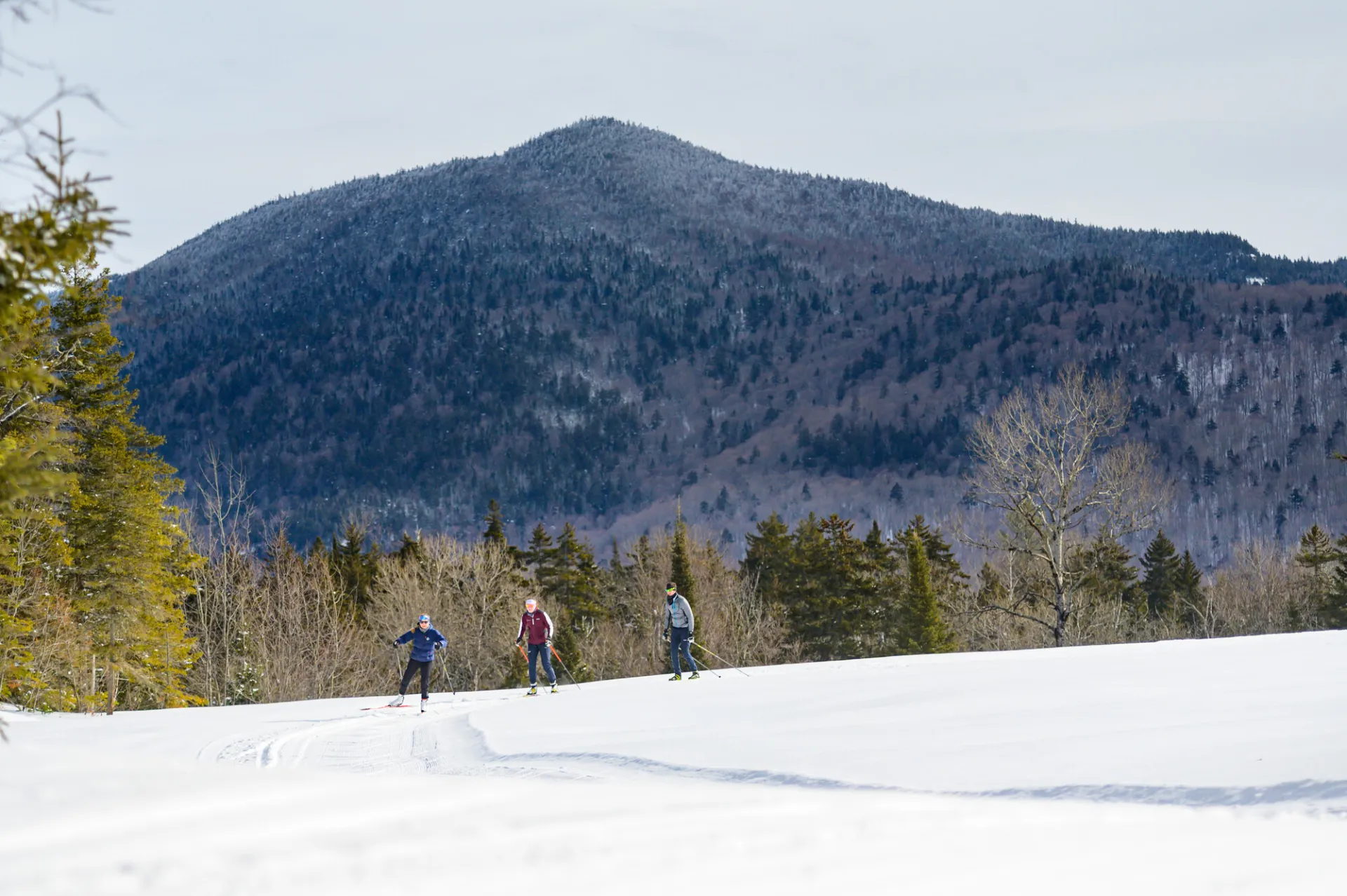 Cross-country skiers glide across snow with an Adirondack peak behind them.