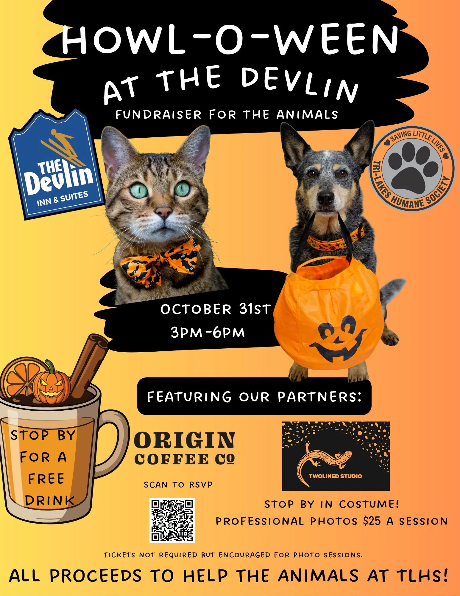 festive Halloween flyer with cat and dog dressed up 