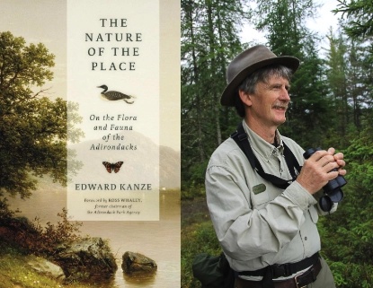 Graphic promo image of Ed Kanze standing outdoors with binoculars half held up and a text overlay about his book