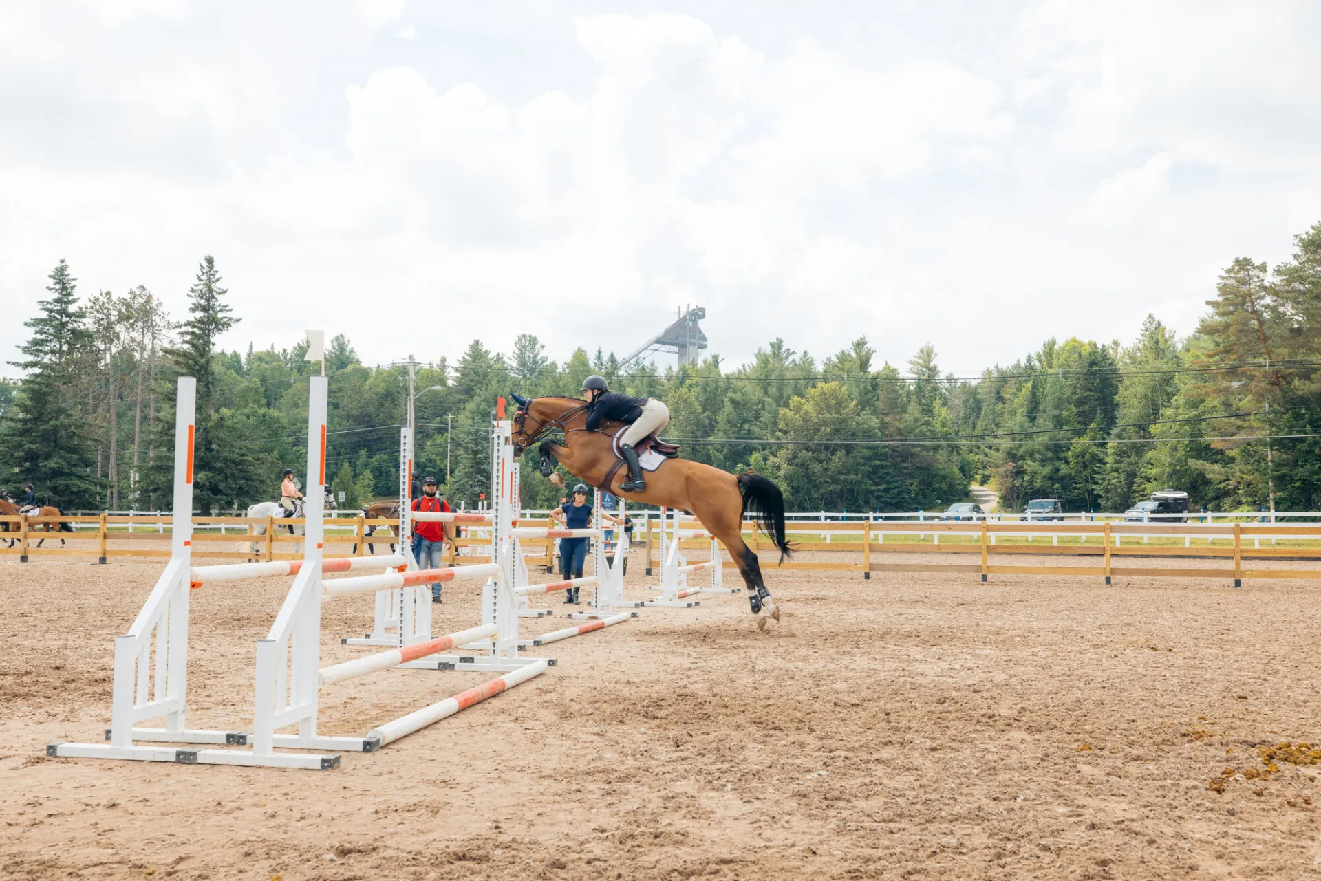 A horse and rider begin their jump over the bar